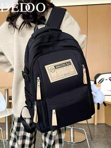 Dedoo Random Letter Print Large Capacity Vintage College Style Student Campus Daily Backpack, University Campus Backpack - Black - View 2