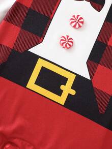 Christmas Newborn Baby Boy & Girl Cute Cartoon Red Plaid Print Long Sleeve Romper + Hat 2pcs Set, Spring & Autumn - Red - View 6