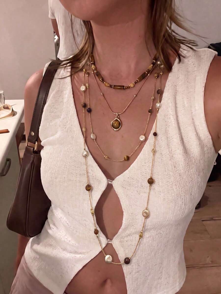 3pcs Maillard Beaded Tiger Eye Stone Layered Necklace For Women, Autumn/Winter Hot-Selling High-End Multi-Layer Long Sweater Chain Collarbone Necklace - Multicolor - View 1