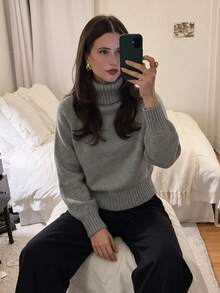 女款休閒秋冬純色灰色高領長袖落肩套頭毛衣/日常辦公通勤穿搭 - 灰色 - 查看 5