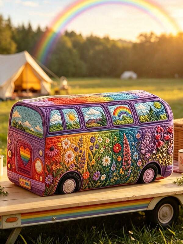 Neue 2D Regenbogen Blumen Hippie Camper Muster gesteppte Make-up Tasche, leicht und tragbar, stapelbar; aus atmungsaktivem Mesh und waschbarem Futter; geeignet zum Aufbewahren von Make-up Pinseln, Lippenstiften, Hautpflegeflaschen, Schmuck und anderen Artikeln, erfüllt tägliche Organisations-, Übernachtungs-, Urlaubs- und Fitnessstudio-Aufbewahrungsbedürfnisse; eine ideale Wahl für Reisebegeisterte, hilft Ihnen, kleine Artikel ordentlich und praktisch zu organisieren