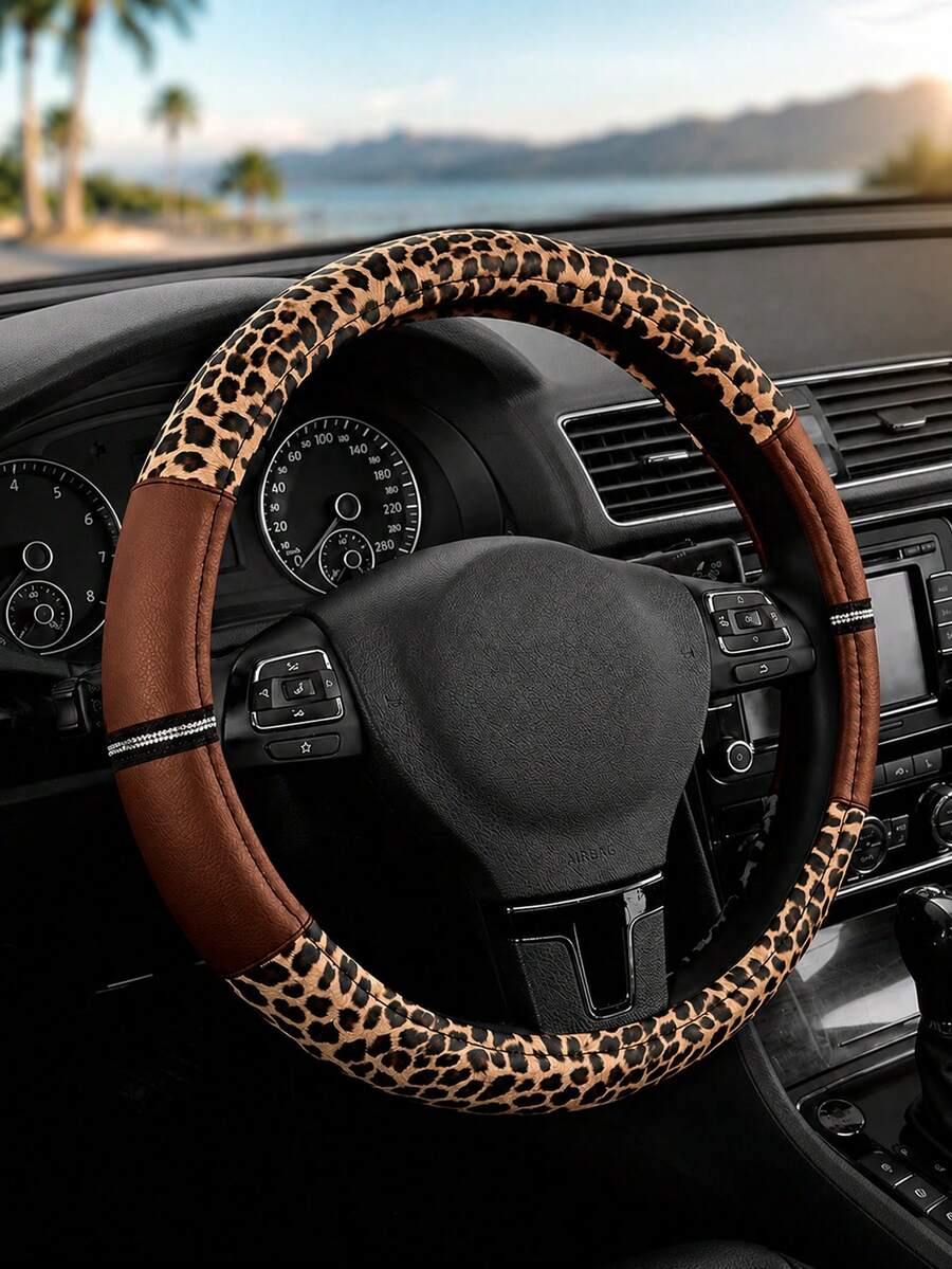 1 Buah Sarung Setir Mobil Motif Leopard dengan Hiasan Berlian Imitasi, Terbuat dari Bahan PU, Motif Hewan yang Bergaya, Anti Selip, Sarung Setir dengan Pegangan Lembut, Cocok untuk Aksesori Mobil Wanita, Ideal untuk Mengemudi Sehari-hari dan Perjalanan Jauh. - A - View 1