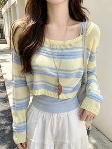 Atmospheric Gentle Korean Style, Bestselling Striped Knit Cover Up, Round Neck Short Hollow Knit Sweater, Spring/Autumn, Loose Collarbone Design Fall - Yellow - View 1