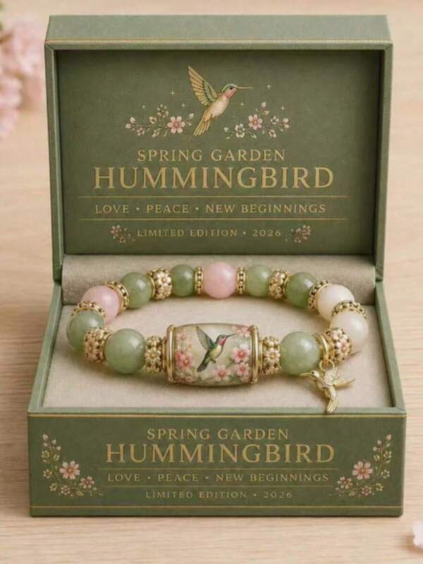 1pc Women's Spring Garden Hummingbird Beaded Bracelet, Vintage Green Jade & Pink Quartz Elastic Pendant Bracelet, Pastoral Style Lucky Jewelry, Exclusive Gift For Her