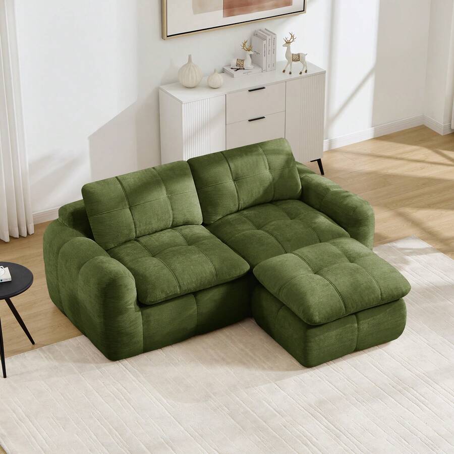 With Ottoman 2 Seat L Shaped Modular Sofa - Green Chenille - Free Assembly For Living Room - 綠色雙座 - 查看 1