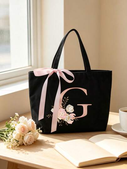 A-Z Letter Print Black Handbag And Black Small Bag Set, Bow Ribbon Decor Tote Bag, Portable Casual Handbag, Multifunctional Shopping Bag, Portable Multifunctional Storage Bag, Party Gift Bag, Can Be Used As Wedding Bridesmaid Gift, Makeup Bag, Simple Storage Bag, Solid Color Cosmetic Wallet, Large Capacity Makeup Bag, School Bag, Suitable For Work, Back To School, Holidays And Other Occasions, Perfect Gift Choice For Family, Friends, Mother, Students, Teachers