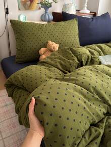 4-Piece Olive Green & Navy Blue Polka Dot Print Bedding Set, Contrast Pillowcase Design, Soft & Comfortable All-Season Bedding Set Including 1 Duvet Cover, 1 Bed Sheet, 2 Pillowcases, No Filling, Suitable For Dorm, Bedroom, Home Use, Multiple Size Options - Olive Green - View 3