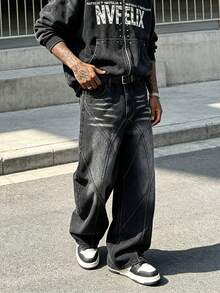 Men's Black Washed Loose Fit Embroidered Stitch Wide Leg Street Style Jeans - Black - View 5