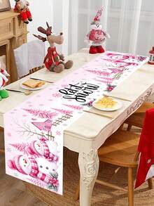 1pc Christmas Themed Table Runner, Pink Christmas Snowman & Poinsettia Theme, Merry Christmas, 35x180cm, Polyester Table Runner, Suitable For Christmas Holiday Table Center Decoration, Christmas Holiday Party Gathering Table Decor Tablecloth - Multicolor - View 7