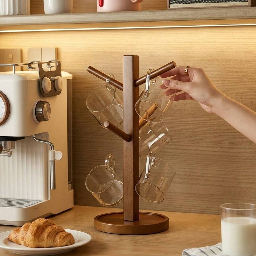 1pc Vintage Nano Bamboo Cup Holder, European Style Desktop Cup Draining Rack, Multi-Purpose Mug Storage Rack For Living Room, Kitchen, Office, Light Luxury Nordic Style Natural Wood Solid Wood Cup Holder, Rounded Edges No Burrs Scratch-Resistant - 1PC - View 1