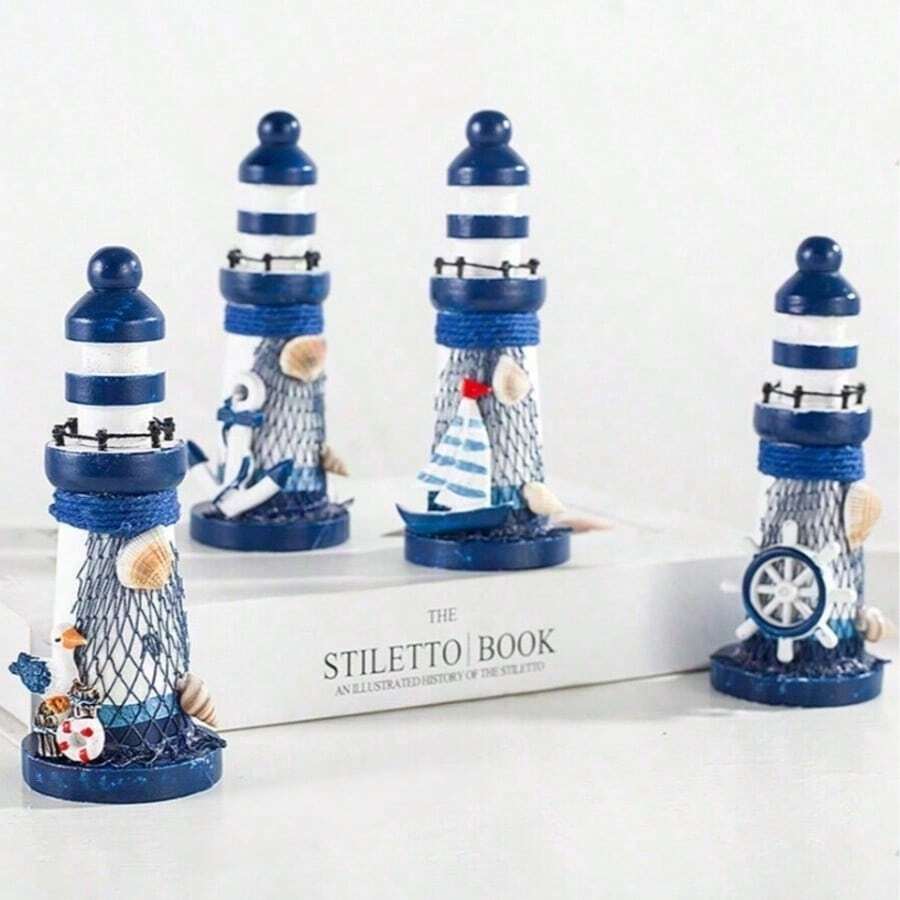 1pc 13cm Wooden Mini Lighthouse Mediterranean Style Home Decor Craft Gift Ocean Lighthouse Ornament 5pcs Set - 1PC - View 1
