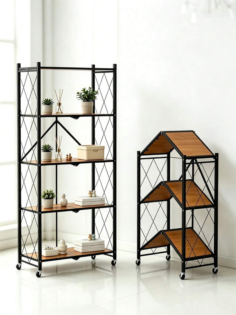 3-5 Tier No Assembly Foldable Storage Rack With Wheels, Multi‑Tier Collapsible Metal Organizer Shelving Unit, Space‑Saving Rolling Shelf For Living Room, Bedroom, Kitchen, Office,Sturdy And Durable,Perfect For Books, Containers, Home Supplies,