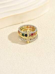 1pc European And American Luxury Style Colorful Zirconia Inlaid Cross Stacked Design Fashion Personalized Ring For Women, Wedding, Party, Vacation, Gift Accessory - Multicolor - View 5