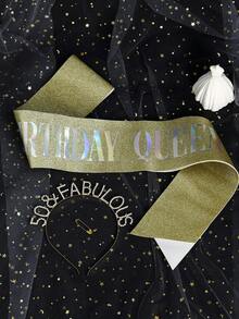 50歲生日女王披肩與皇冠套組，金色亮片生日披肩，水鑽皇冠套組，適合女性50歲生日派對裝飾 - 金色 - 查看 14