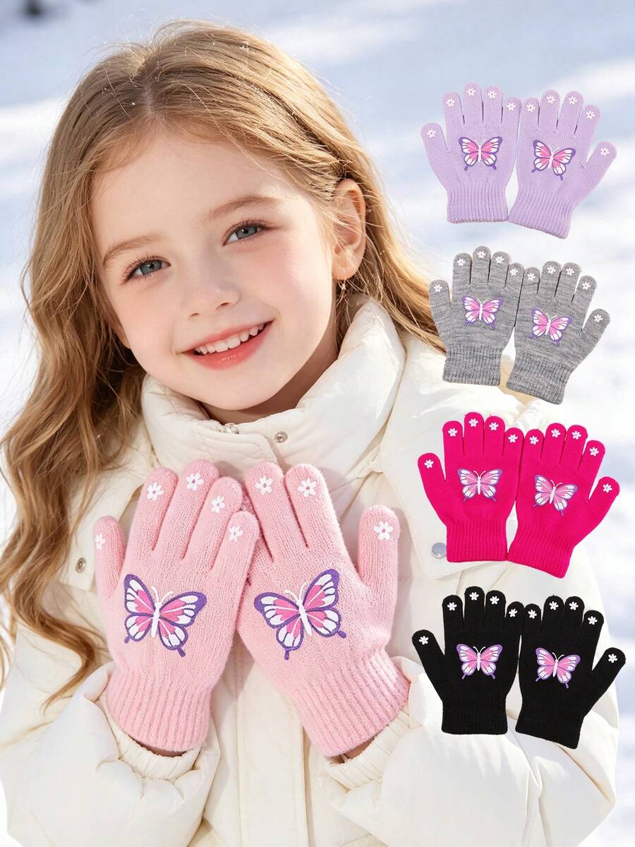 1 Pair Butterfly Pattern Children's Knitted Gloves, Elastic Cuff Kids Finger Gloves, Sweet Girls Daily Accessory And Children's Holiday Gift - 1Pair - View 1