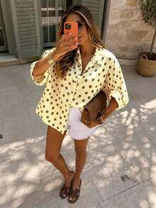 1pc Women's Polka Dot Print Cardigan Shirt, Yellow-Brown Contrast Collar Puff Sleeve Casual Loose Oversized Top, Suitable For Spring, Summer, Autumn, Perfect For Daily Wear, Vacation, Brunch Gathering - Yellowish Brown - View 7