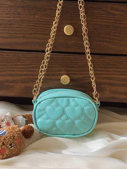 Mint Green Heart Quilted Mini Round Bag, Gold Chain Zipper Crossbody Shoulder Bag, Girly Style
