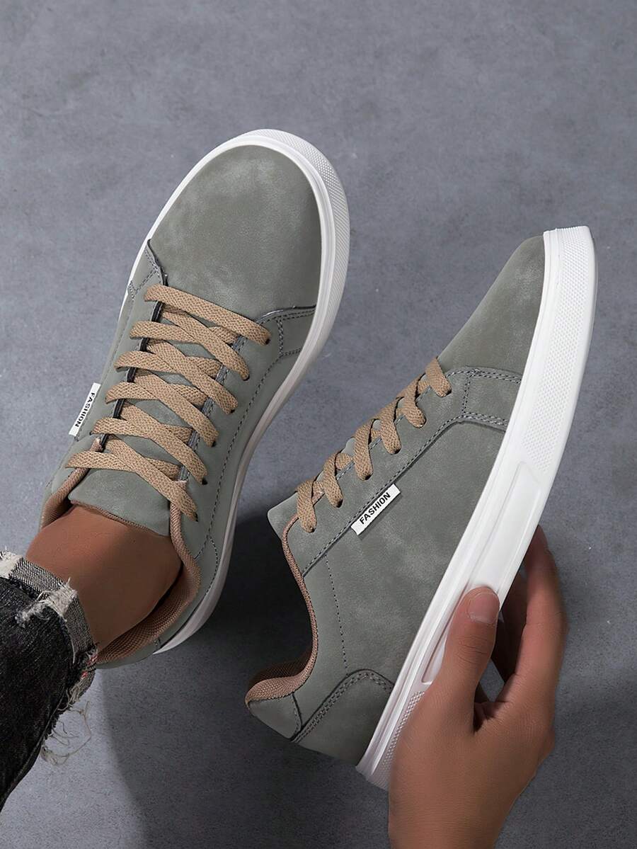 Men's Solid Color Lace-Up Low-Top Round Toe Minimalist Casual Sneakers For Daily Wear - Dark Military Green - View 1