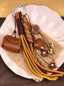Vintage Brown PU Mini Earbud Case Bag Charm Keychain, Braided Tassel Strap With Heart, Flower & Leopard Bead Pendant, Bags Accessory Gift For Women - Multicolor - View 5