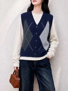 Women's New Vintage Argyle Knit V-Neck Sweater Vest With Buttons, Regular Length, Suitable For Layering In Autumn/Winter - Navy Blue - View 5