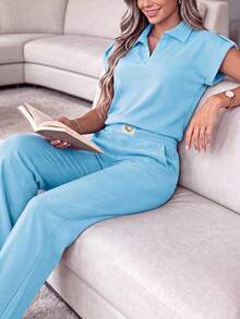Damen Frühling/Herbst Lässig 2 Stücke Set, einfarbiges Kurzarm-Top mit Herz-Marken-Muster und lange Hose, Frühlingsferien Outfit - Himmelblau - Übersicht 4