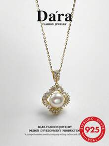 DARA Collar con colgante de perla de agua dulce de plata de ley S925, diseño de flor de cuatro hojas, caja de regalo de lujo para mujeres - Dorado - Ver 7