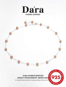 DARA S925 Sterling Silver Freshwater Pearl Necklace, 5-6mm Coral Color Beads, Starry Sky Design, Elegant Simple, Versatile For Daily Wear - Gypsophila - View 2