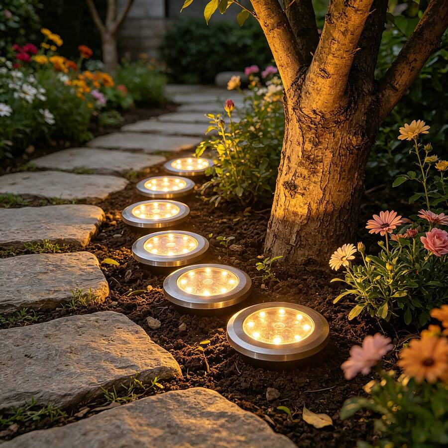 1PC Solar Disc Ground Light, Stainless Steel Shade Warm White LED In-Ground Light, Auto Light Sensor Outdoor Landscape Lamp For Garden, Lawn, Pathway, Driveway, Yard And Stairs - Solar Ground Lights Warm White - View 1
