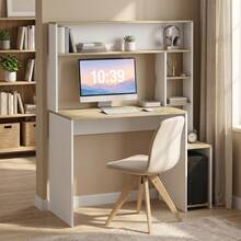 HOMCOM Mesa de Escritorio con Estanterías Mesa de Ordenador Moderna con Estantes Soporte para Monitor CPU de Oficina Estudio 114x45x138 cm Blanco y Natural - A - Ver 2