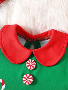 Christmas Baby Girl Spring/Autumn Cute Cartoon Candy Cane Print Long Sleeve Dress + Hat 2pcs Set - Green - View 4