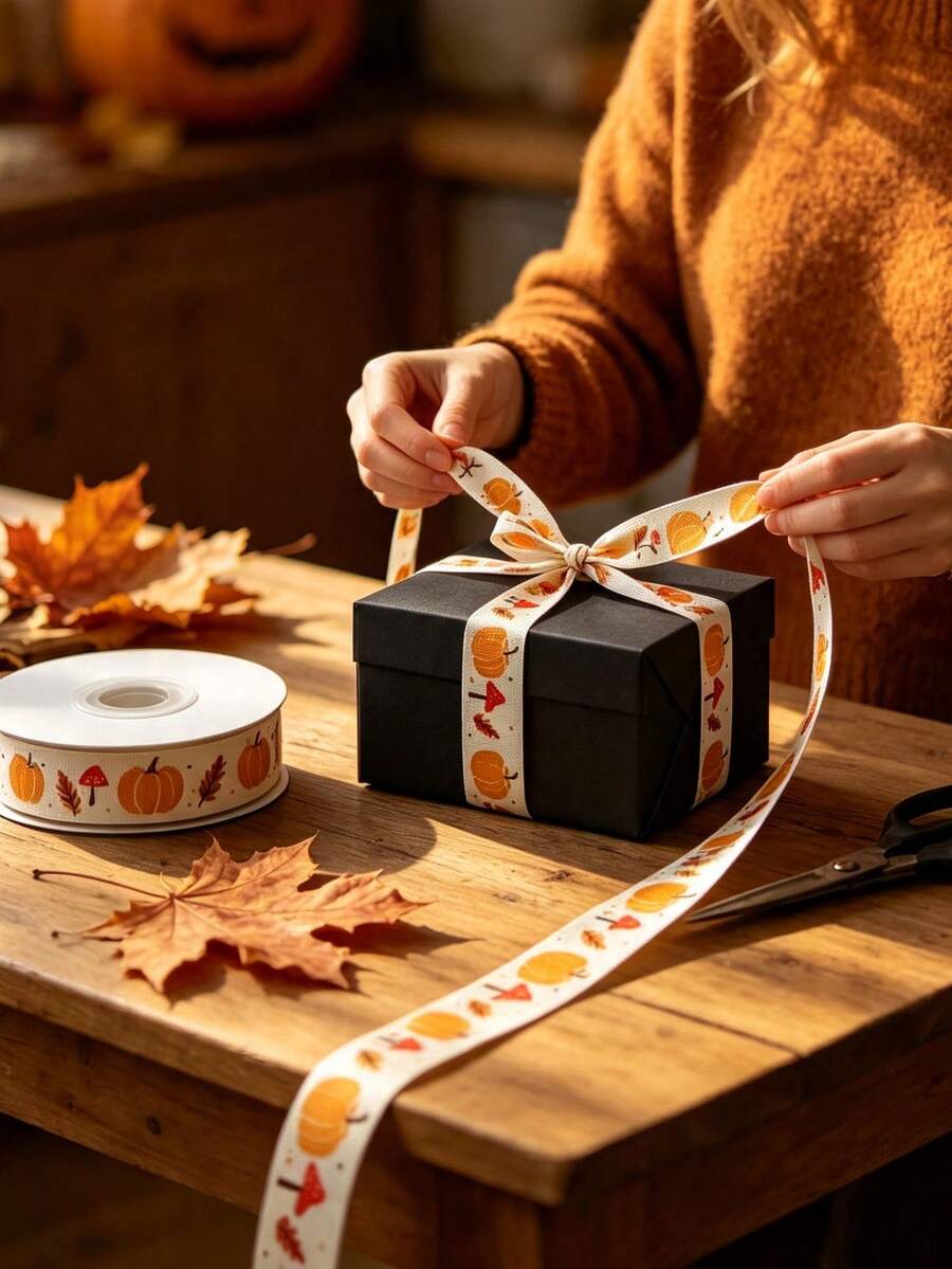10Yards Autumn Pumpkin And Maple Leaf Print Fabric Ribbon, Halloween DIY Decorative Ribbon; Halloween Gift Wrapping Ribbon, Halloween Floral Decoration Ribbon, Halloween Scene Decoration, Halloween Atmosphere Decoration Supplies, DIY Enthusiasts - Multicolor - View 1
