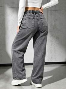 Pantalones vaqueros de piernas anchas para mujeres, pantalones ajustados con cinturón de cuerda, versión de piernas anchas, adecuados para el día a día, turismo, uso en casa - Gris - Ver 3