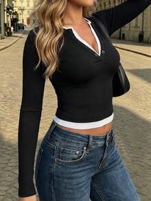 Women's Early Autumn 2-In-1 Colorblock White Trim V-Neck Fitted Y2K Style Basic Long Sleeve Knit Undershirt Black - Black - View 6