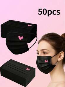 50pcs Cute Disposable Face Masks, Pink And Black Heart Pattern, 3-Layer Full Face Protection, Suitable For Women, Teens And Girls, Valentine's Day Costume Use - Multicolor - View 4