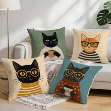 4pcs/1pc Artistic Cat Illustration Pattern Pillow Case, Single-Sided Print Pillow Case, Suitable For Living Room Bedroom Home Decor, All Season Pillow Case - Multicolor - View 9