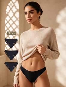 Temptuelle 3pcs/Set Women Sexy Lace Panties & Silk Underwear - Black - View 1