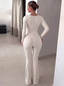 Apricot Square Neck Long Sleeve Flare Leg Jumpsuit, High Elastic Slim Fit Tight Jumpsuit, Hot Girl Outfit - Apricot - View 7