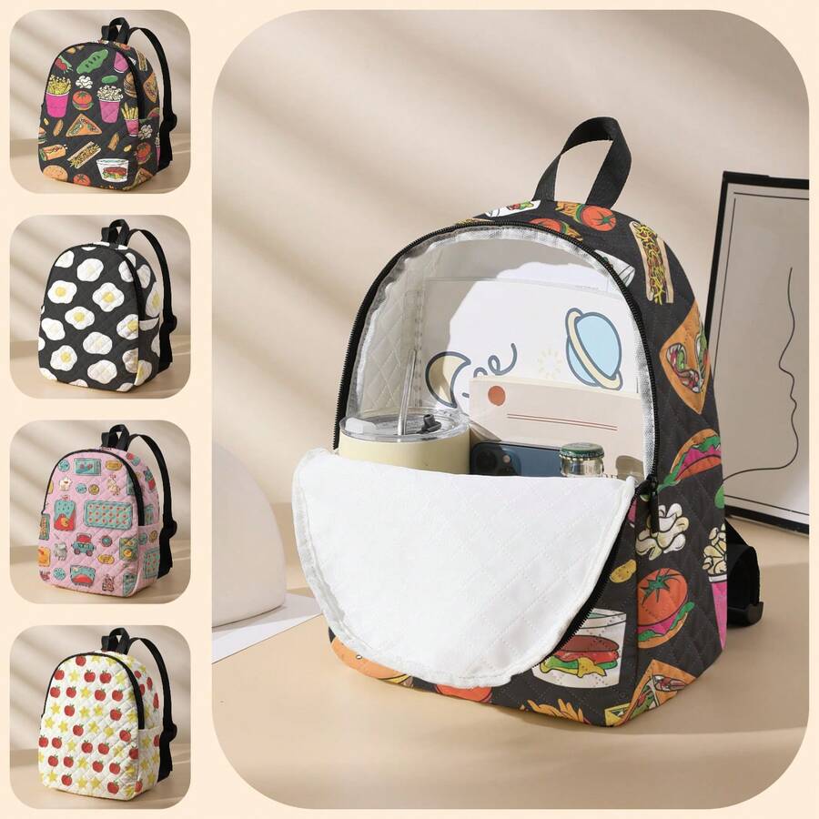 1pc Fries And Hamburgers Pattern Diamond Quilted Kids Backpack, Lightweight Large‑Capacity Zipper Closure Children Rucksack For School Travel Outdoor - Multicolor - View 1