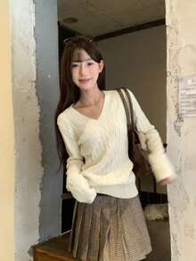 杏色V領麻花編織女款秋季加厚寬鬆慵懶針織上衣 - 杏色 - 查看 8