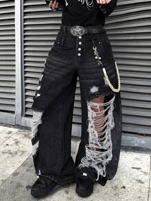 Infinite Jeans 1pc American Street Fashion Men's Patchwork Double Waistband Multi-Button Distressed Ripped Denim Jeans Loose Comfortable Wide Leg Pants All Season Versatile Denim Long Pants (Product Does Not Include Belt And Accessories) - Black - View 8