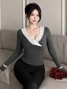 2026 Minimalist Sexy Style Lace Knit Top, V-Neck Criss-Cross Slim Fit Sweater, Gentle Style Knitwear For Women, Autumn/Winter Daily Date Commute, Elastic Knit Fabric Slimming Sweater For Women 18-35 Years Old - Dark Grey - View 5