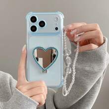 Encomende e Siga a Loja para Ganhar Cordão Grátis, Capa de Telefone com Suporte de Espelho em Forma de Coração Anti-Queda nos Quatro Cantos com Corrente em Forma de Coração + Capa de Telefone com Alça de Pulso/Compatível com Apple 17PROMAX/16promax/15promax/14promax/13promax/12promax/11promax/XSMAX/7/8PLUS/Compatível com Samsung S26/2524321u Capa de Telefone Compatível com Xiaomi Adequado para Honor Compatível com Huawei Adequado para - Azul bebê - Visão 2