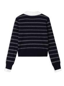 Vintage Striped Knit Sweater Women Long Sleeve Niche Textured Versatile Commute Casual Top Random Cut - Navy Blue - View 5