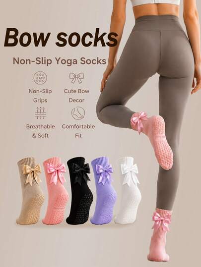 1 Pair 3D Bow Mid-Calf Socks, Sweet Fashion Non-Slip Gripper Yoga Socks For Women, Versatile For Daily Wear, Yoga, Pilates, Sports, Back To School