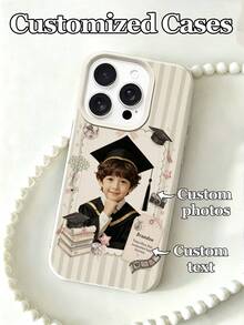 1pc Graduation Season Exclusive Photo & Text Dual Customization Soft Cute Watercolor Hand-Drawn Style Pattern Phone Case, Compatible With IPhone17promax/17Air/16E/16Promax/15/14plus/13/12/11 S24/20Ultra/A52S/A31A21S/A13/A05S/ Note13ProPlus/Note10/Note12C/Note13C, Made Of TPU Material, Customizable With 1 Photo, Graduation Year And Name, Ideal Commemorative Gift For Friends, Children, Family, Classmates During Graduation Season - White - View 1