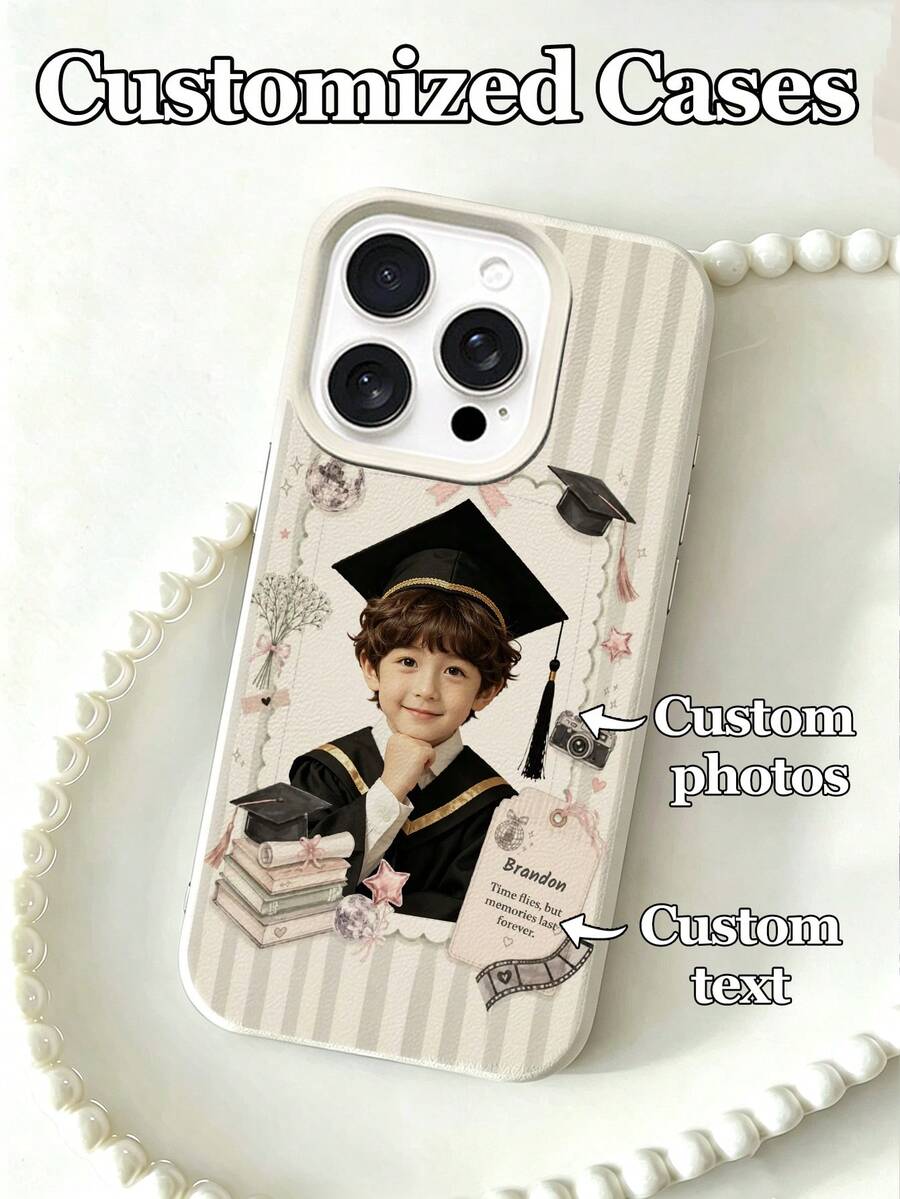 1pc Graduation Season Exclusive Photo & Text Dual Customization Soft Cute Watercolor Hand-Drawn Style Pattern Phone Case, Compatible With IPhone17promax/17Air/16E/16Promax/15/14plus/13/12/11 S24/20Ultra/A52S/A31A21S/A13/A05S/ Note13ProPlus/Note10/Note12C/Note13C, Made Of TPU Material, Customizable With 1 Photo, Graduation Year And Name, Ideal Commemorative Gift For Friends, Children, Family, Classmates During Graduation Season - White - View 1