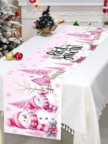 1pc Christmas Themed Table Runner, Pink Christmas Snowman & Poinsettia Theme, Merry Christmas, 35x180cm, Polyester Table Runner, Suitable For Christmas Holiday Table Center Decoration, Christmas Holiday Party Gathering Table Decor Tablecloth - Multicolor - View 6