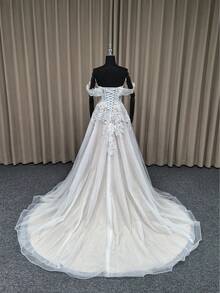 夏季優雅落肩開衩蕾絲刺繡長款婚紗禮服，附大教堂式新娘長面紗 - 米色 - 查看 5
