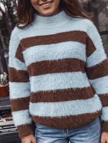 Women Fall Winter Sweater New Style -Basic Tops - CasualFashion Versatile -Colorful StripedContrast CollarLoose Long SleeveKnit Top - Going Out Tops - Multicolor - View 4