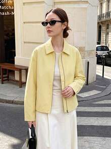 Women's Zipper Jacket, Loose Long Sleeve, Casual New Style 2024 Fashion Women's Flight Jacket, Short Jacket Yellow - Yellow - View 5